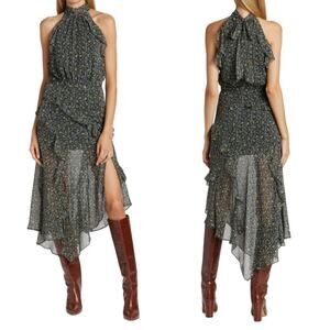 Veronica Beard Kailey Floral Print Midi Halter Dress Green Sz 10